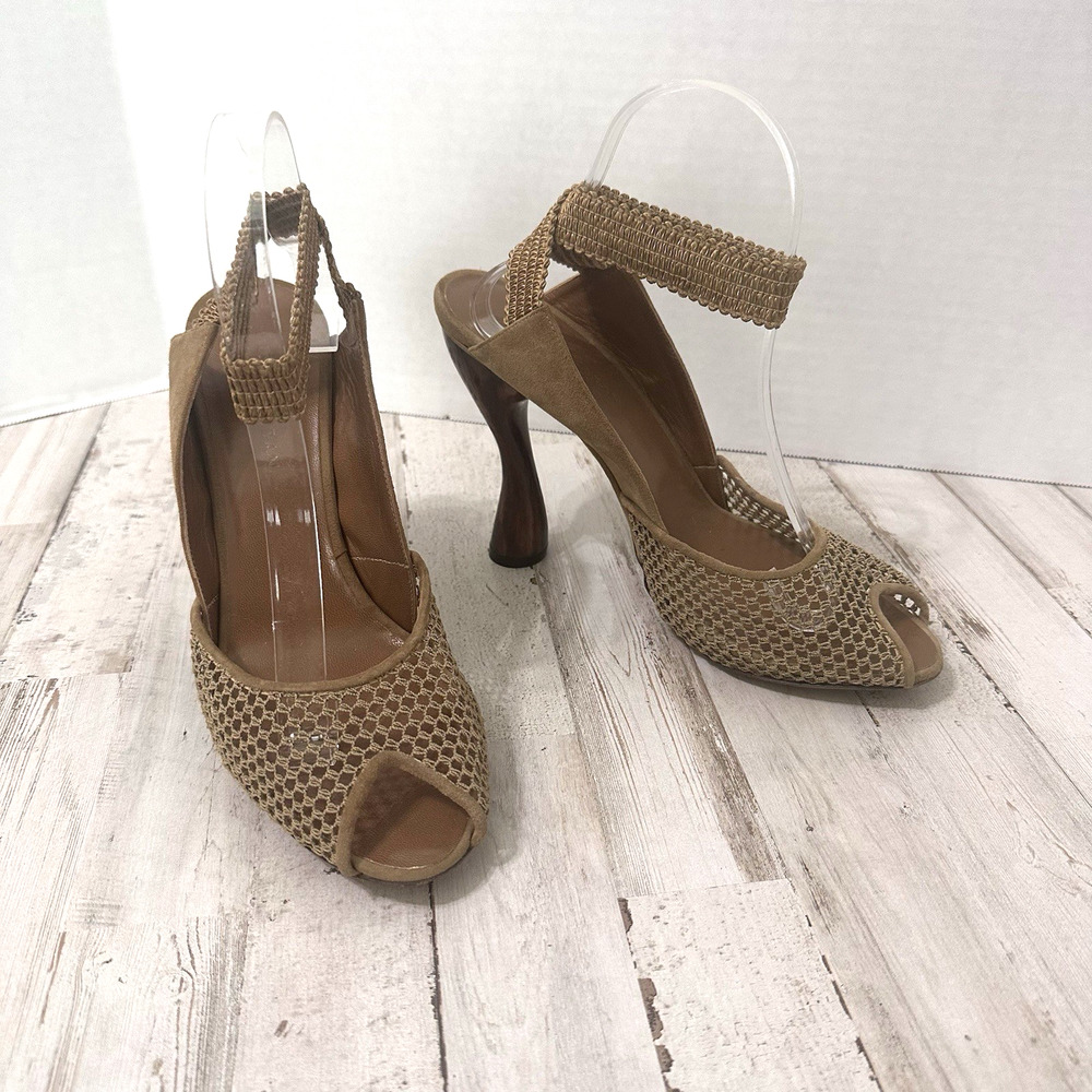 Donna Karan Collection Carved Wood Heels Stretch Mesh Peep Toe 41 US 10 5" Heel